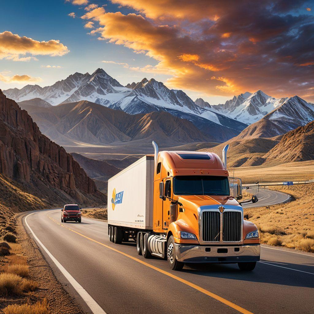 A dynamic scene showing a long-haul truck traversing a wide-open highway under a vast blue sky, with mountains in the background. Include road signs indicating trucking tips, like 'Stay Alert' and 'Safety First'. The truck should be adorned with graphics symbolizing freedom and adventure. Add a sunrise to signify new beginnings in the trucking business. super-realistic. vibrant colors.